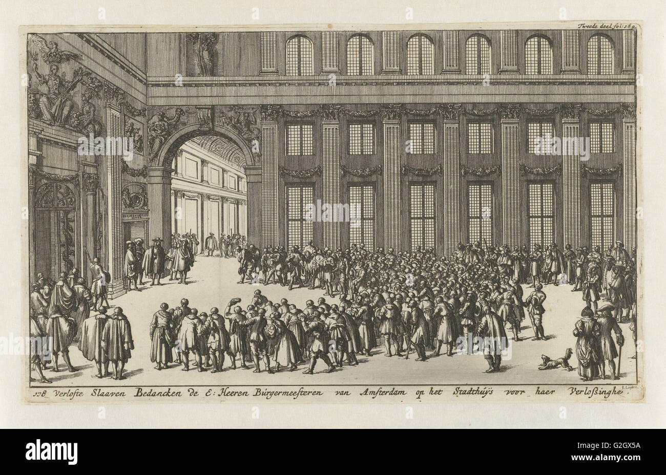 Gli schiavi liberati per ringraziare il sindaco di Amsterdam per la loro liberazione, ca. 1682-1684, Jan Luyken, Jan Claesz dieci Hoorn, 1684 Foto Stock
