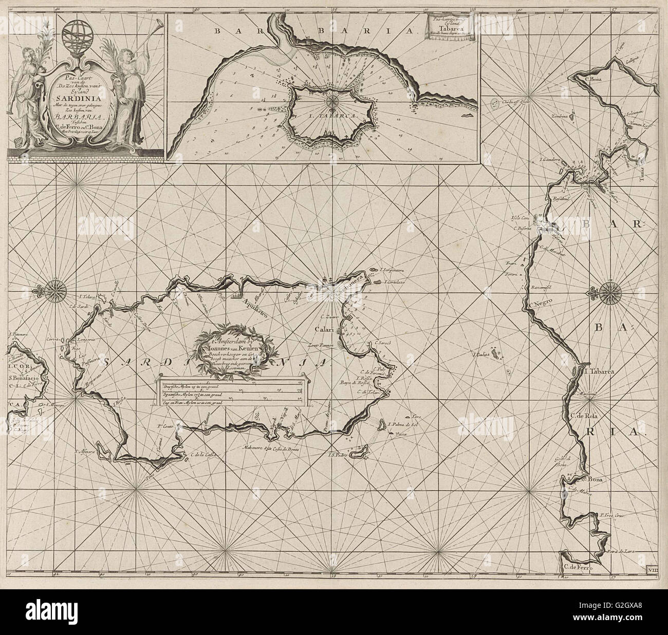 Diagramma del mare della Sardegna e parte della costa del Nord Africa, anonimo, Johannes Van Keulen (MI) Foto Stock