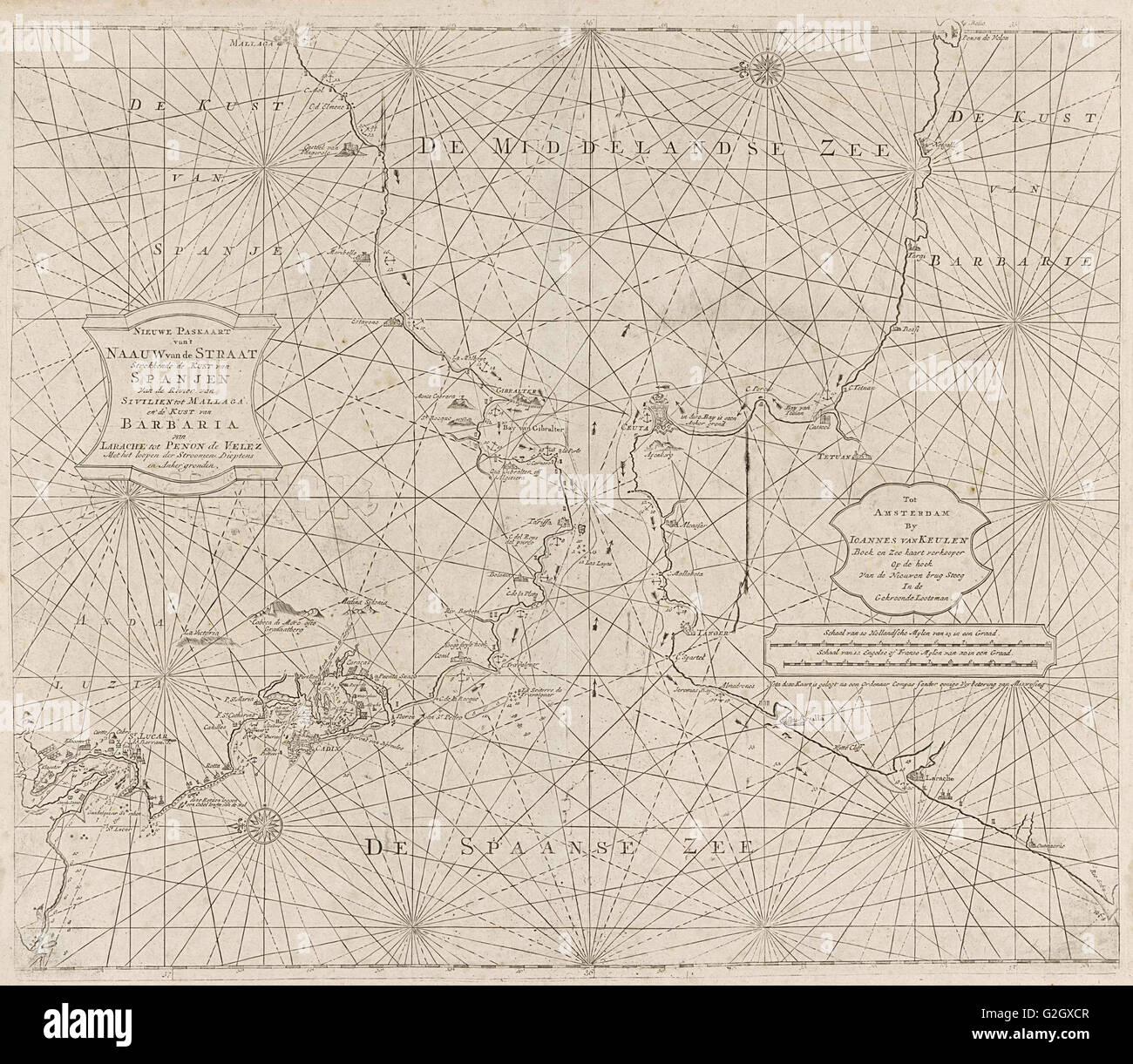 Diagramma del mare dello Stretto di Gibilterra, anonimo, Johannes Van Keulen (II), 1681 - 1803 Foto Stock