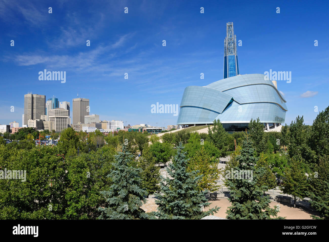 Winnipeg skyline con museo canadese per i Diritti Umani di Winnipeg Manitoba Canada Foto Stock