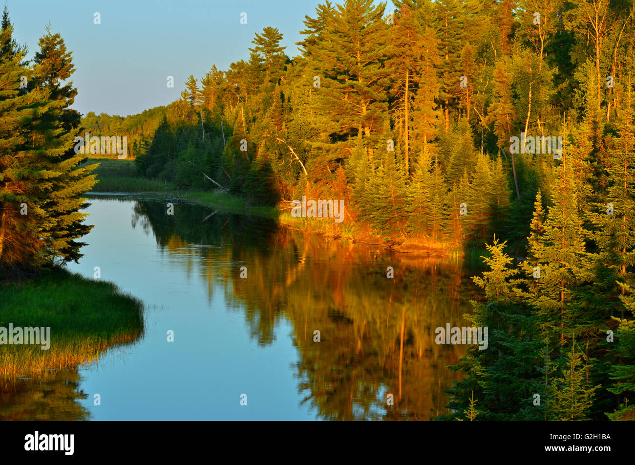 Sun impostazione su acqua a pettine si restringe, collegato al Lago dei boschi, Reed si restringe, Ontario Canada Foto Stock