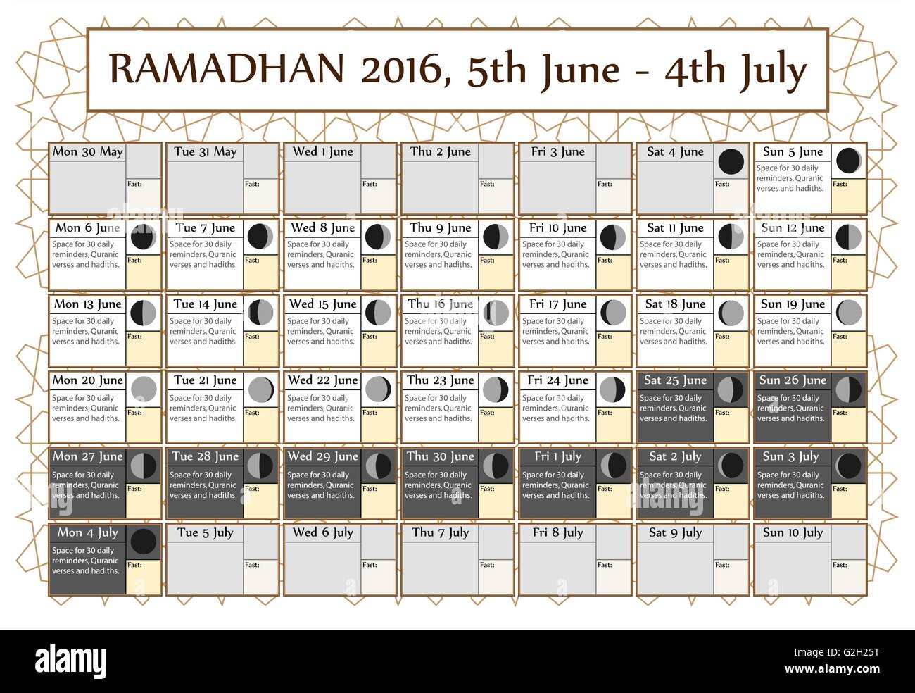 Il Ramadan Calendario 2016 Include Il Digiuno Del Calendario Lunare Ciclo Fasi Citazioni Del Ramadan Hadith E Corano Trenta Giorni Di Ramadan Su Sfondo Bianco Con Il Modello Islamico 1d3 5 Giugno calendario lunar islamico