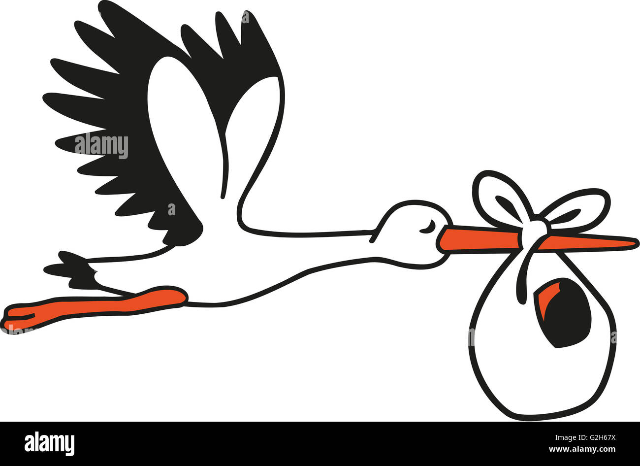 Carino stork volare con un sacchetto di bambino Foto Stock