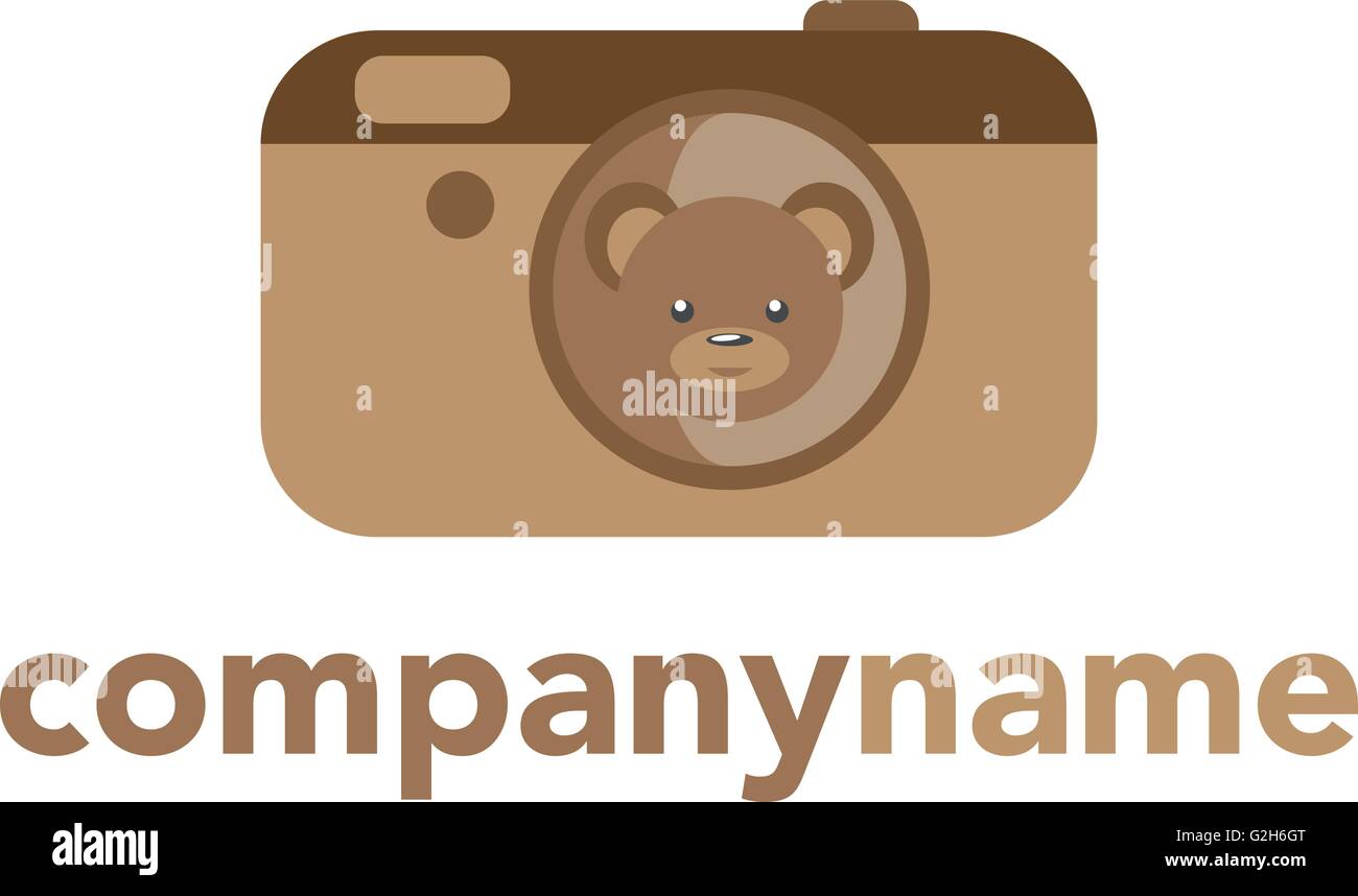 Logo per bambini. Logo di Piana, emblema, logotipo. Fotocamera Orsacchiotto simpatico orso bruno in semplice stile piatto Illustrazione Vettoriale