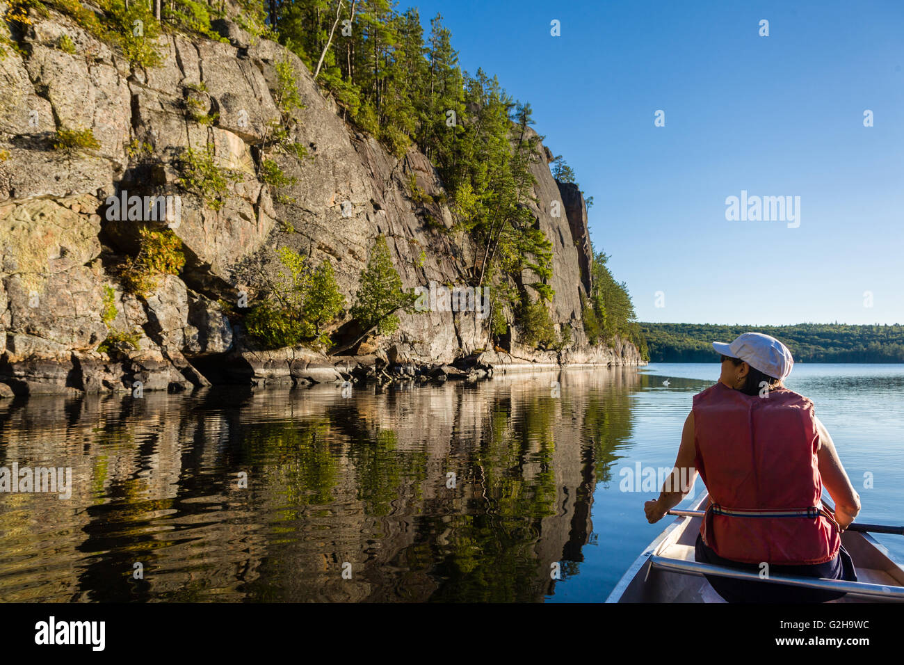 Donna paddling una canoa sul Lago di roccia in Algonquin Park, Canada Foto Stock