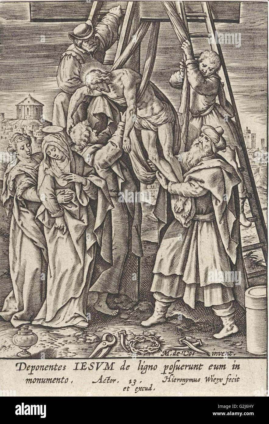 La deposizione, stampa maker: Hieronymus WIERIX, Maerten de Vos, Hieronymus WIERIX, 1563 - prima del 1619 Foto Stock