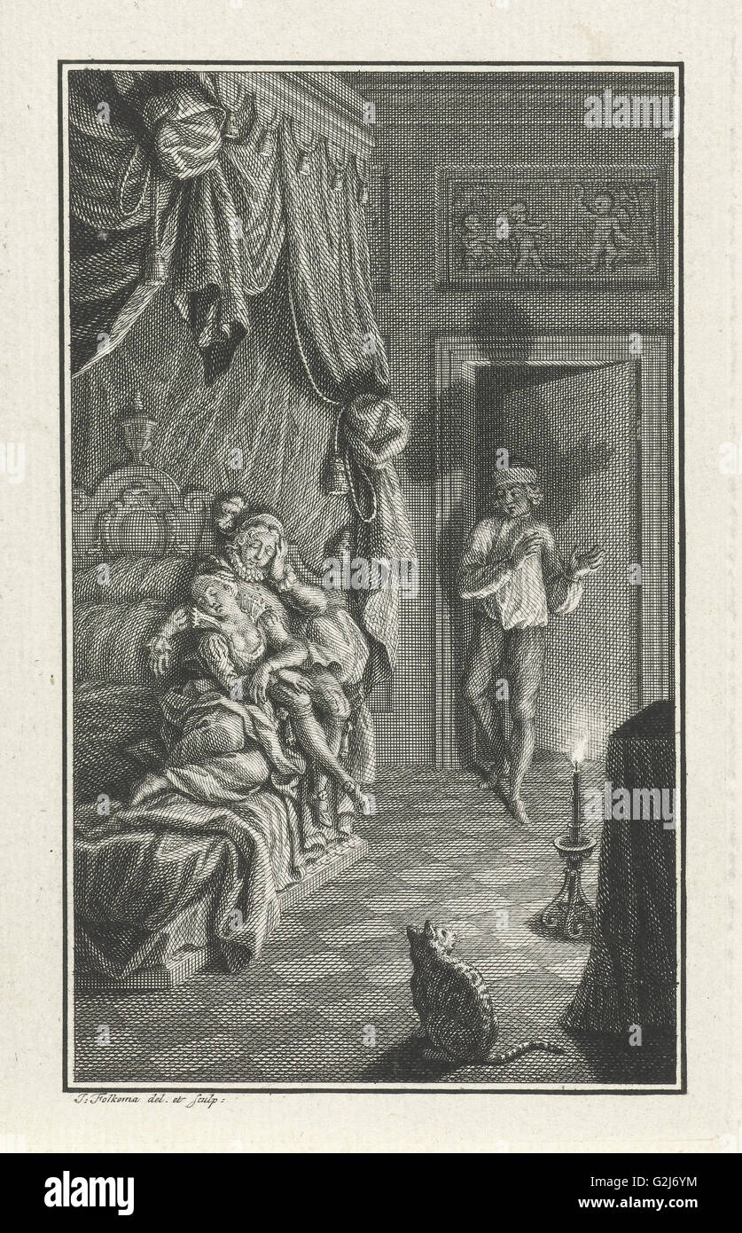 L'uomo entra in una camera, stampare maker: Jacob Folkema, 1702 - 1767 Foto Stock
