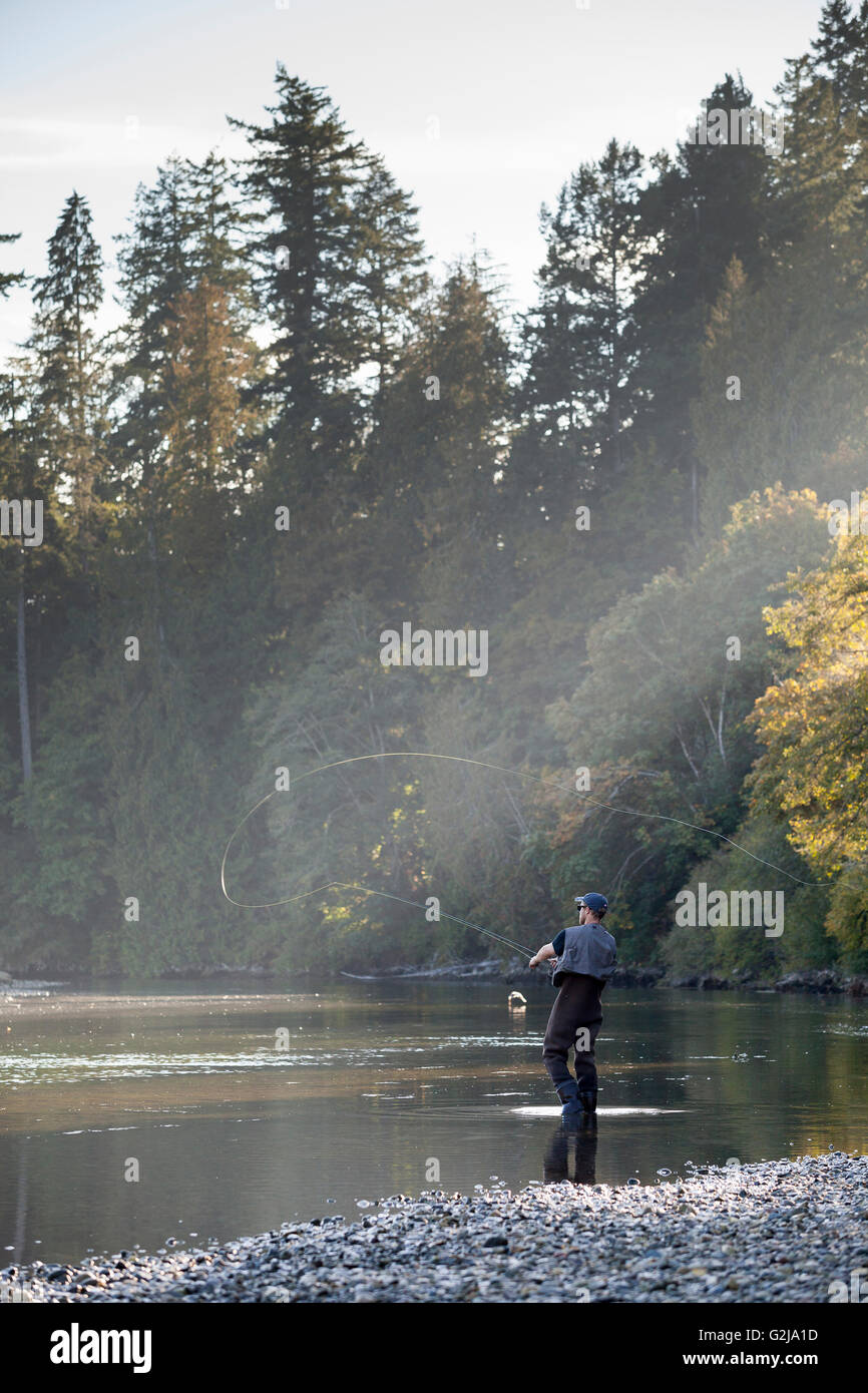 Un uomo fly-per la pesca del salmone nel fiume Sooke. Isola di Vancouver, BC, Canada Foto Stock