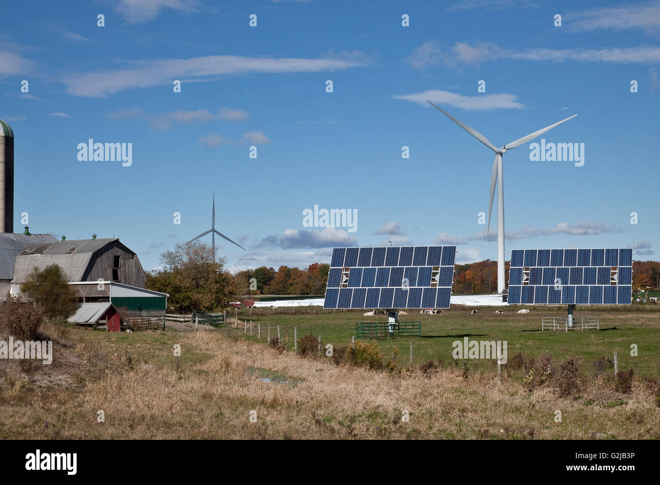 Pannelli solari sul sistema di tracking e mulini a vento in terreni agricoli del southwestern Ontario (vicino al lago Erie), Ontario, Canada. Foto Stock