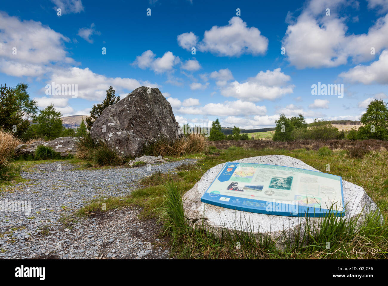 Bruce della pietra e la lapide che ricorda di Robert the Bruce, Clatteringshaws Loch, Galloway Forest Park, Dumfries & Galloway Foto Stock