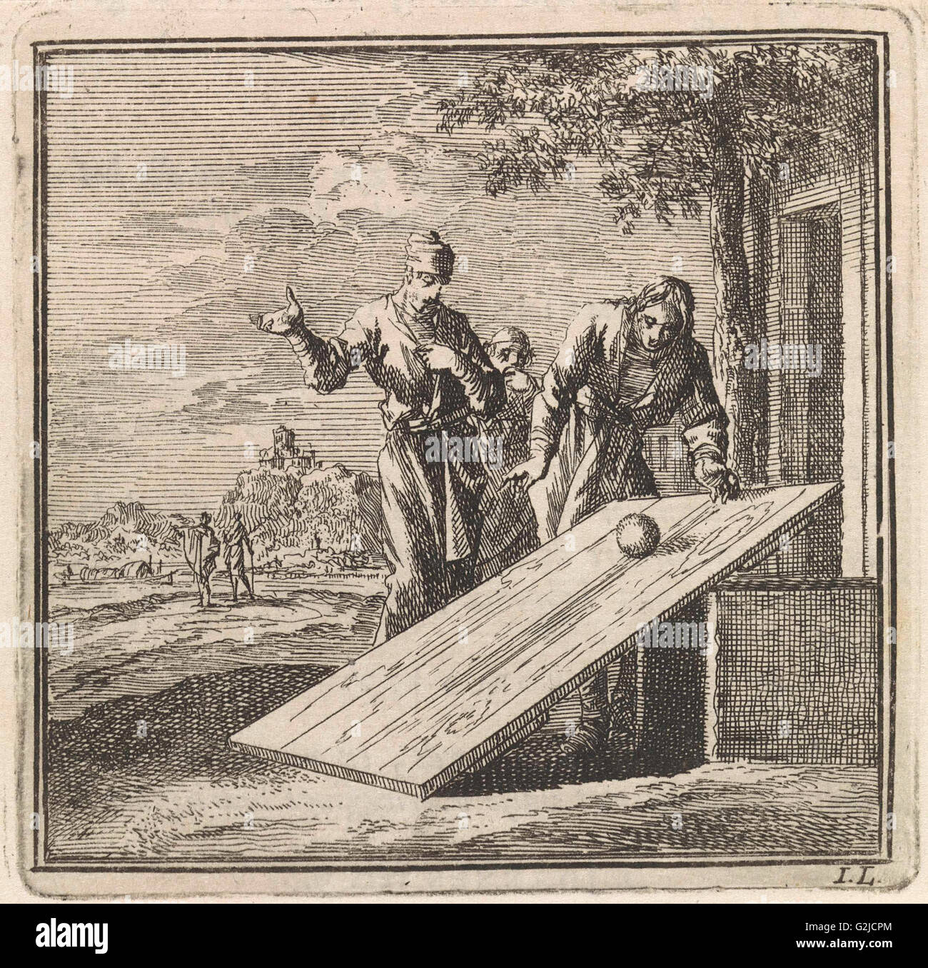 Due uomini consentono una sfera rotola giù su una tavola di legno, stampa maker: Jan Luyken, wed. Pieter Arentsz & Cornelis van der Sys II, 1711 Foto Stock