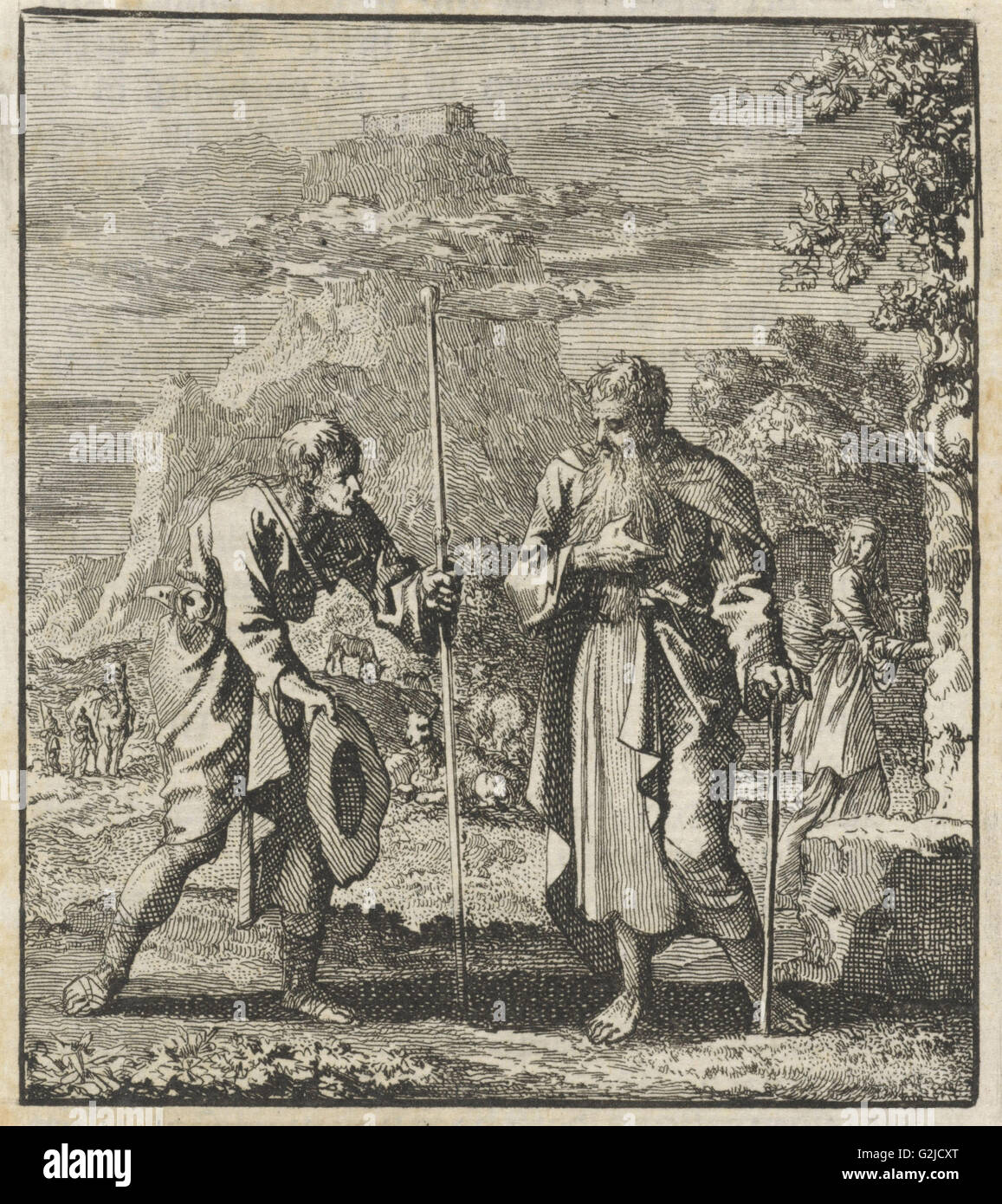 Anima errante incontra Noè, Jan Luyken, Jan Rieuwertsz. II, Barent Visscher, 1706 Foto Stock