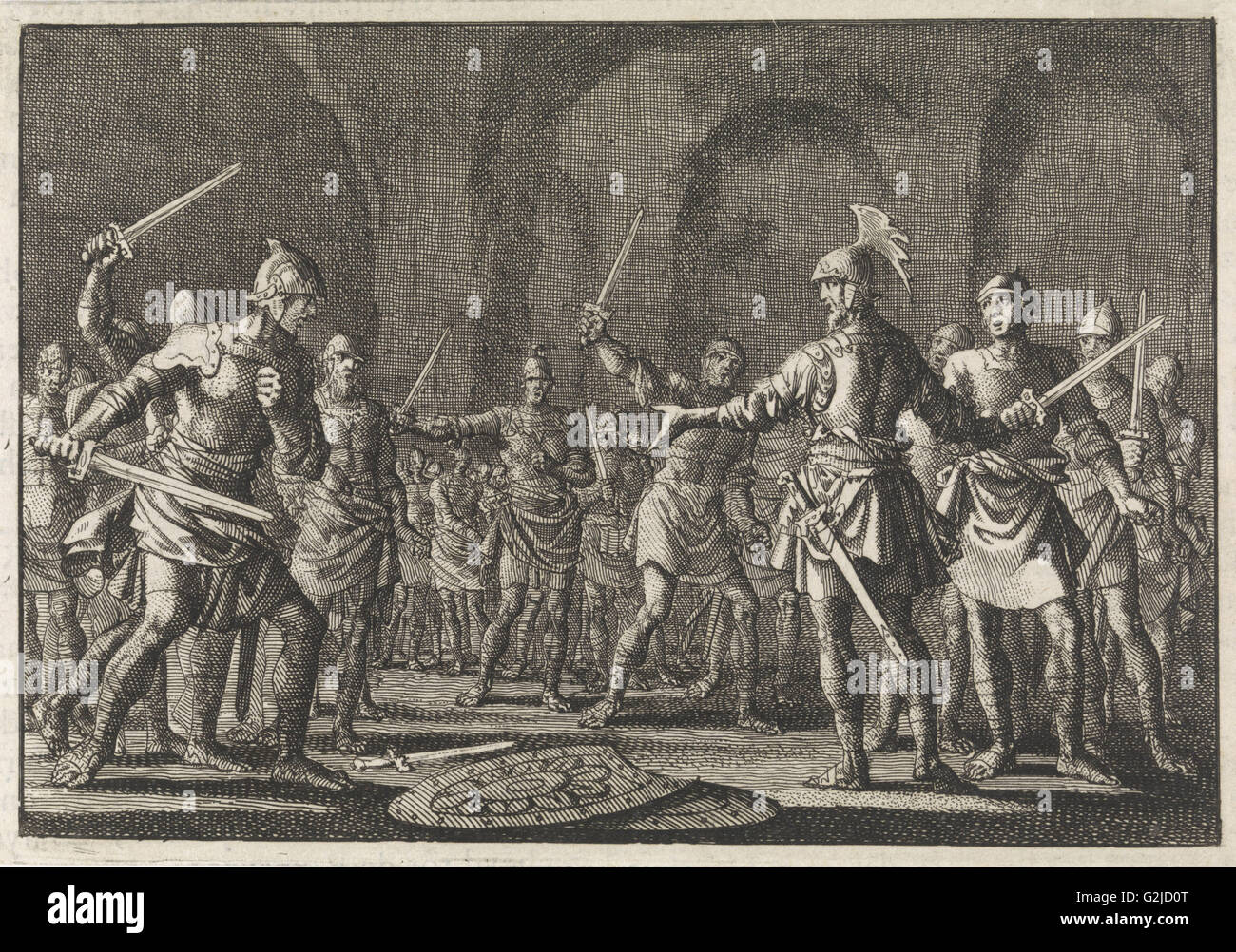 Josephus dopo la conquista di Jotapata con quaranta compagni in una grotta, Jan Luyken, Pieter Mortier, 1704 Foto Stock