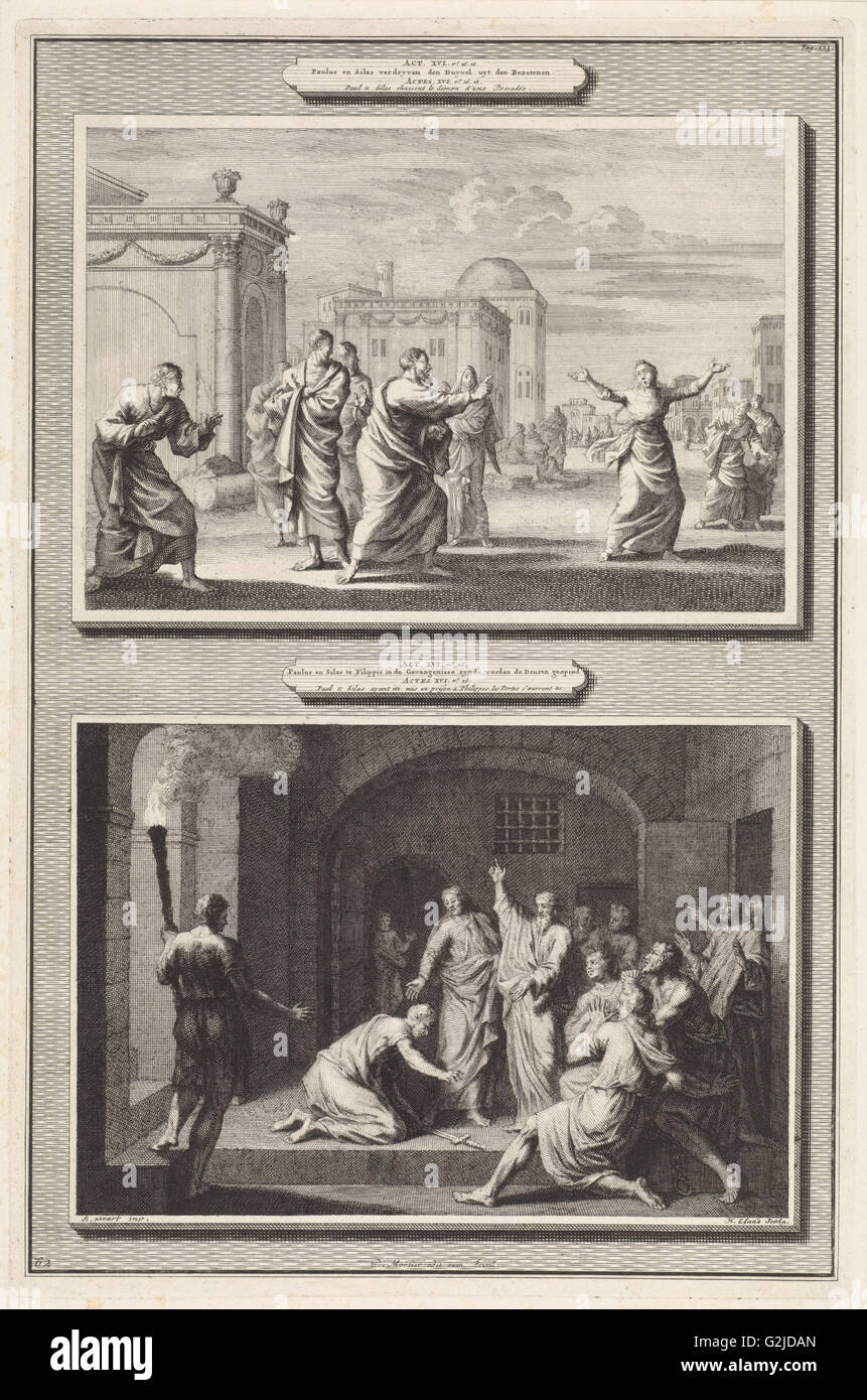 Paolo guarì possedeva una donna e la conversione del carceriere Philippian, Jan Luyken, Hendrik Elandt, Bernard Picart, 1700 Foto Stock