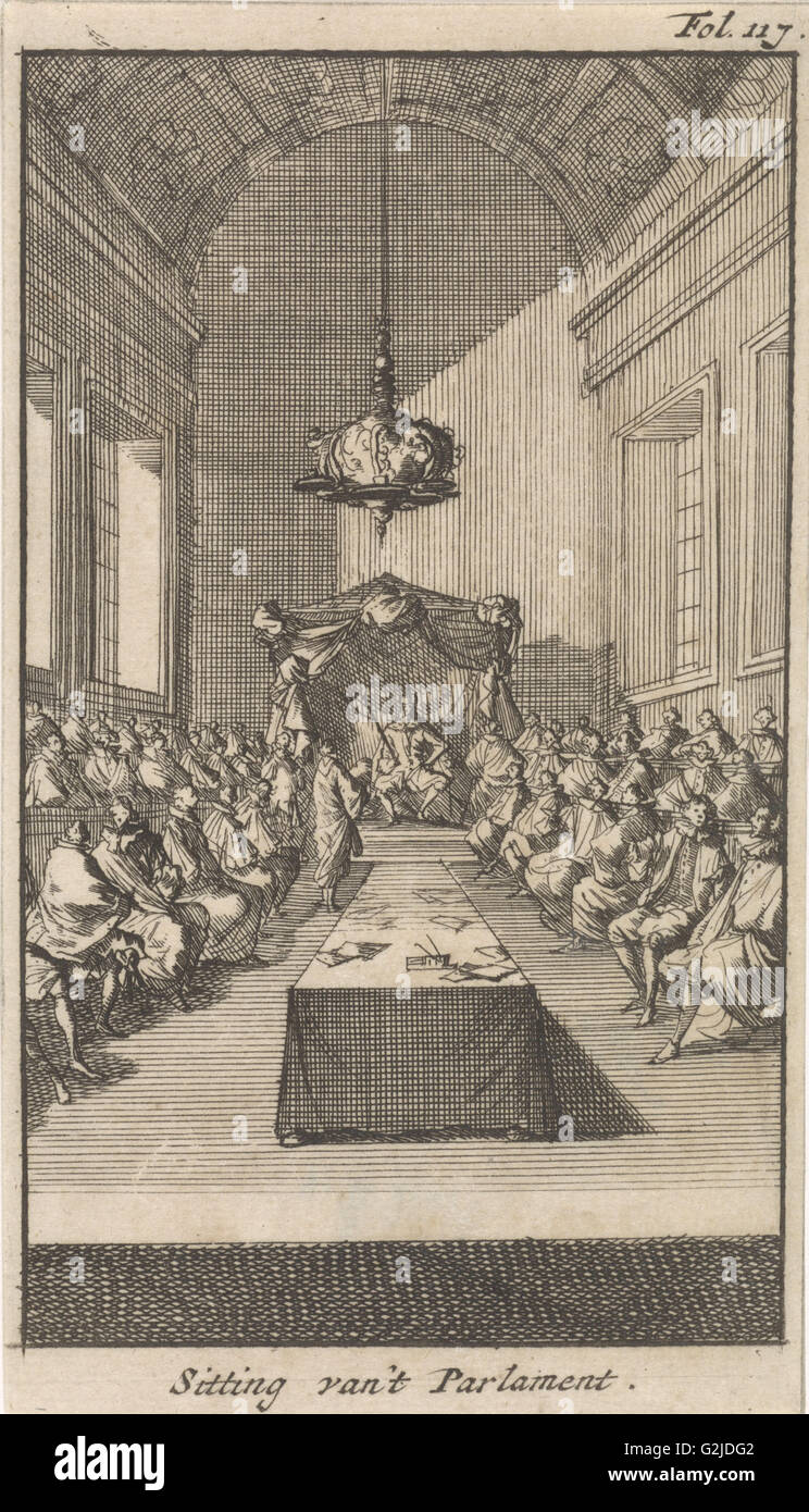 Il cardinale Mazzarino in occasione di un incontro con Luigi XIII e i suoi consiglieri, 1643, Caspar Luyken, Boudewijn van der Aa, 1699 Foto Stock