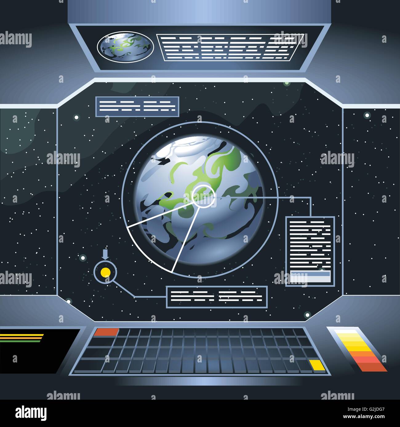 Veicolo spaziale vista interna e finestra per lo spazio e il pianeta. Scheda con i computer e schermo con informazioni analisi del pianeta. Cifra Illustrazione Vettoriale