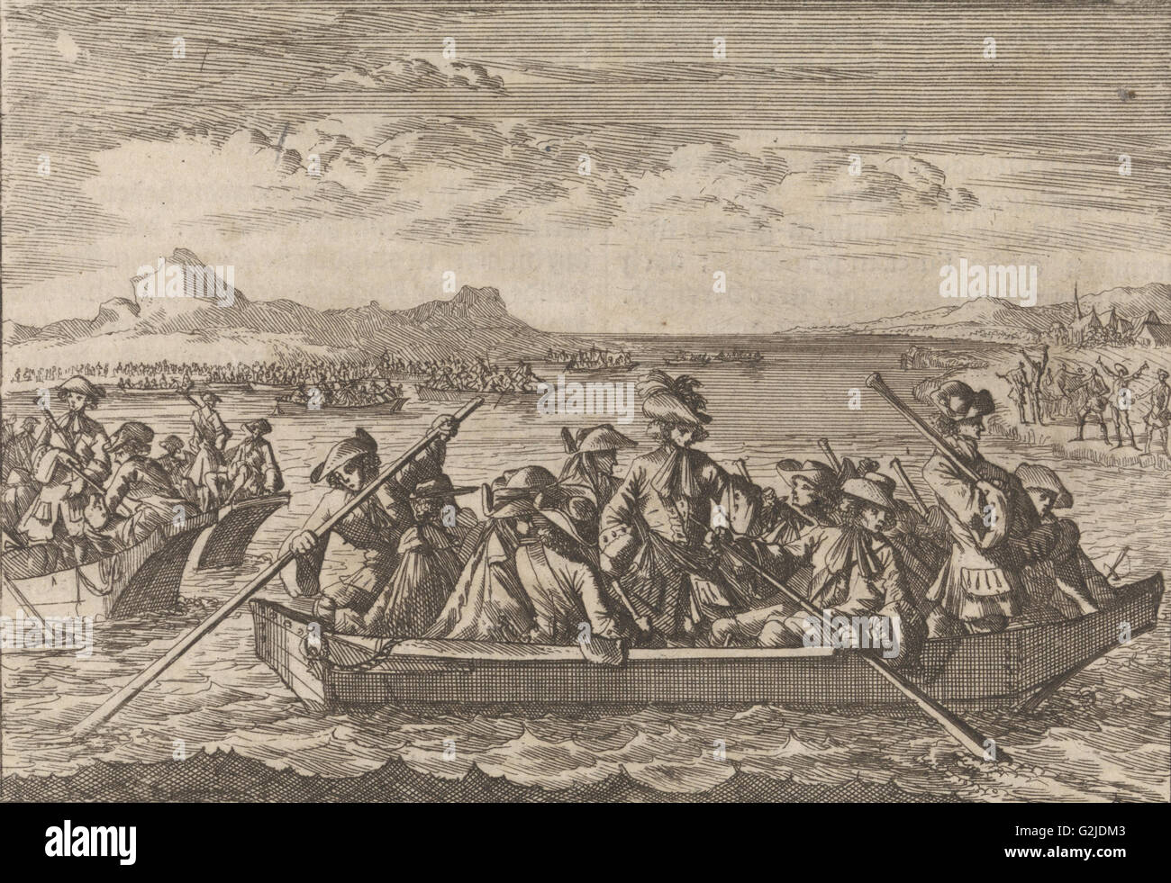 Valdesi inseguito dai Savoia che attraversa il lago di Ginevra in barche a ritornare al loro paese, 1689, Svizzera Foto Stock