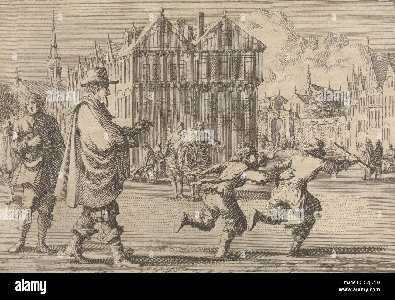 Ragazzo offende il sindaco di Strasburgo per rubare il bastone dal suo cancelliere, 1671 Francia, stampa maker: Jan Luyken Foto Stock