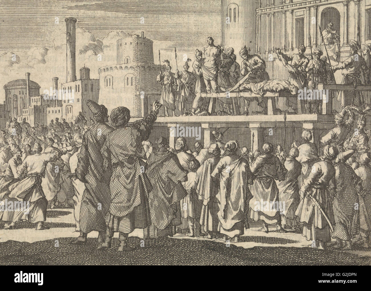 Il sultano Murad IV ha le braccia e le gambe di due uomini tagliati fuori perché avevano fumato, ca. 1630. Jan Luyken, Pieter van der Aa (MI) Foto Stock