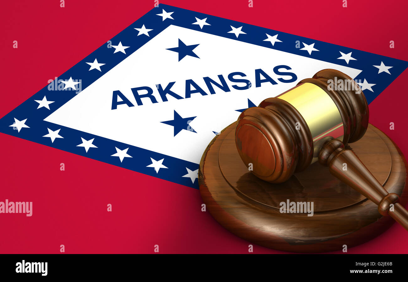 Arkansas noi lo stato di diritto, codice, del sistema giudiziario e di giustizia concetto con un 3D rendering di un martello sulla bandiera Arkansan sullo sfondo. Foto Stock