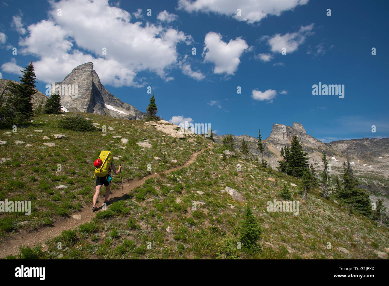Escursionista avvicinando Mount Gimli, Selkirk Mountains. Valhalla Parco Provinciale, British Columbia, Canada Foto Stock