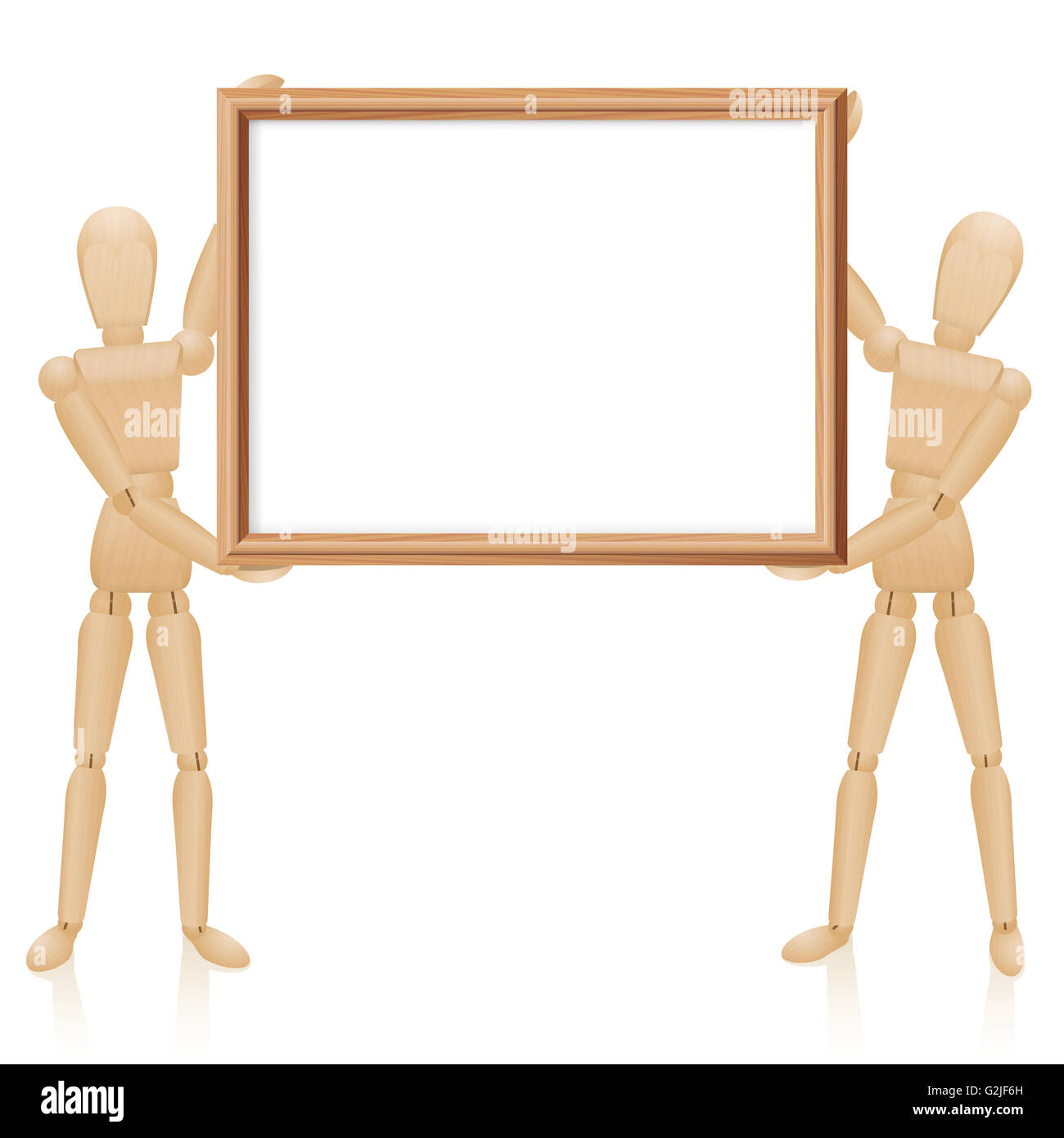 Artista bambole con legno vergine picture frame, formato orizzontale. Illustrazione su sfondo bianco. Foto Stock