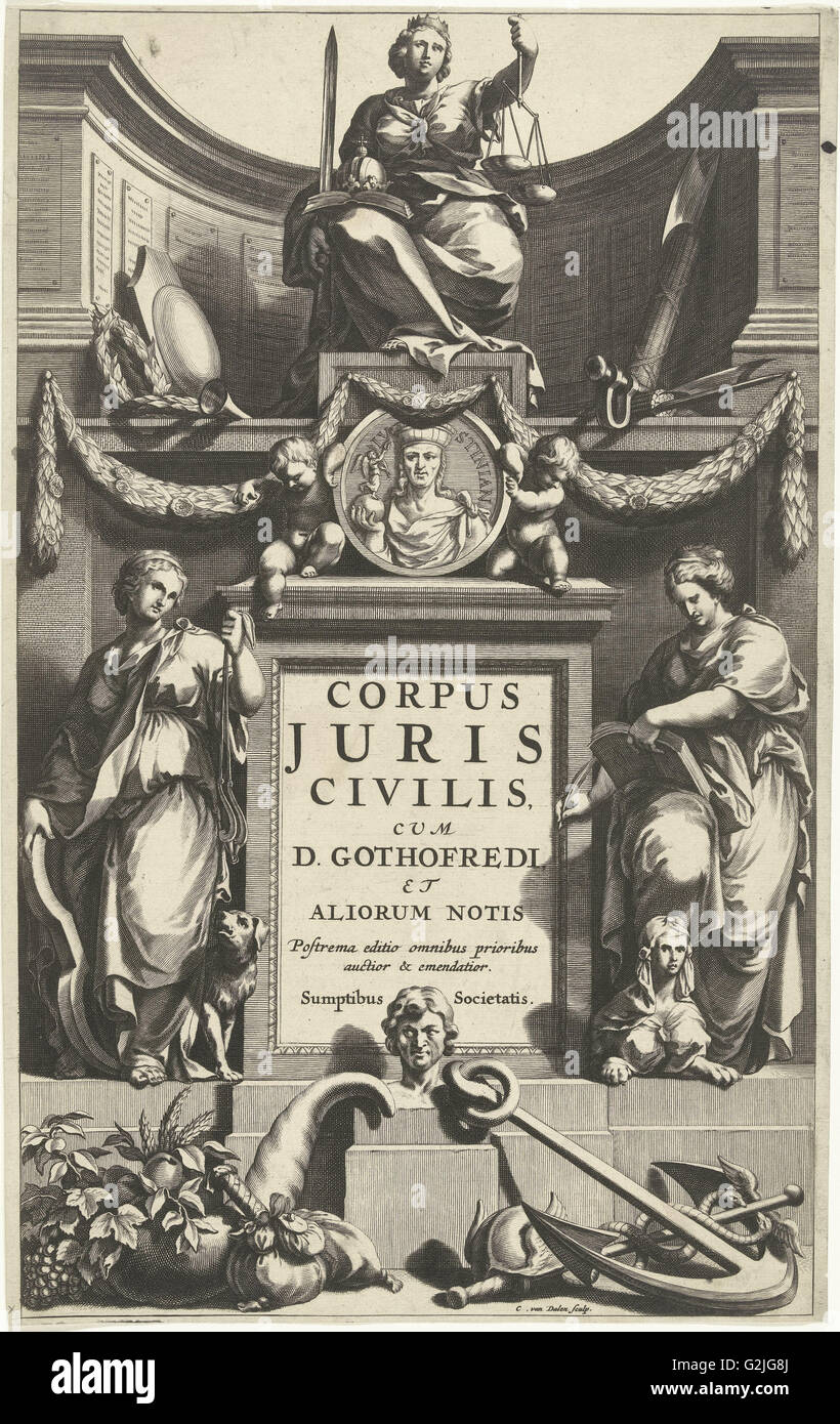 La giustizia in trono al di sopra ritratto di Giustiniano sulla base con il titolo affiancato da temperanza e prudenza, Cornelis van Dalen ho Foto Stock