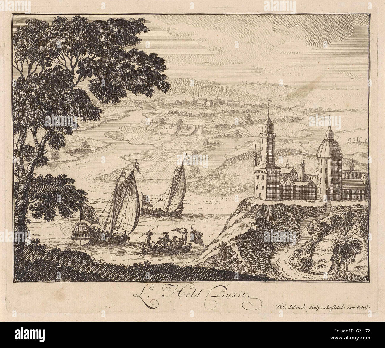 Paesaggio con fiume e castello sulla collina, Pieter Schenk (MI), sconosciuto, 1670 - 1711 Foto Stock