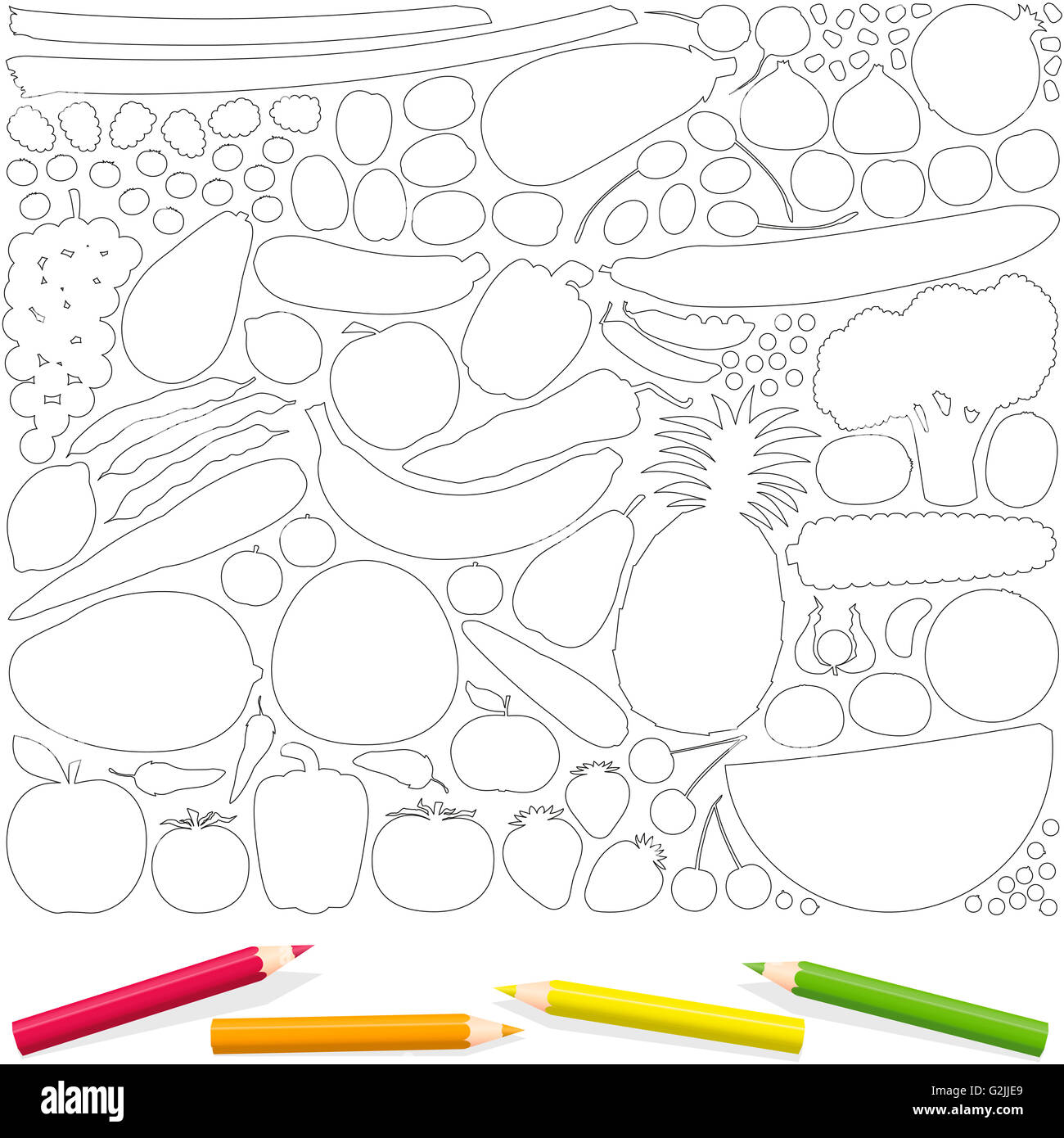 La frutta e le verdure di contorno nella pagina di colorazione, con quattro matite di colore. Isolato illustrazione vettoriale su sfondo bianco. Foto Stock