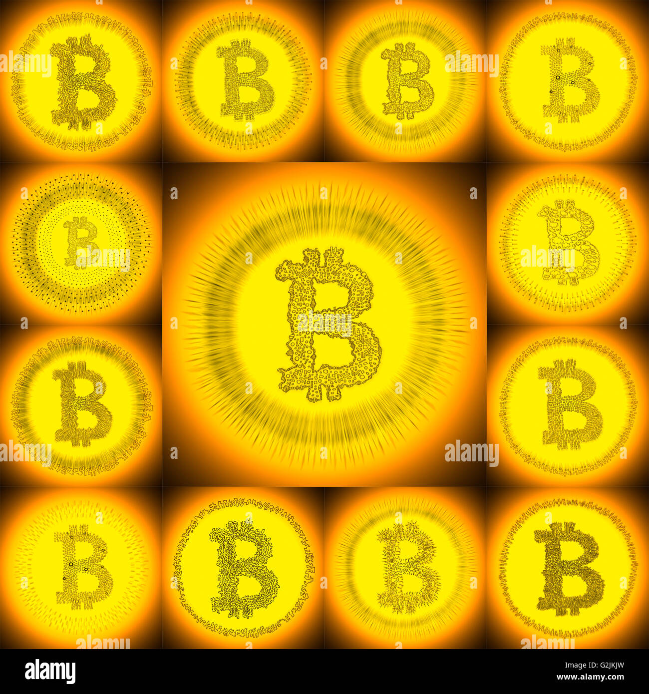 Golden disegnati a mano logo Bitcoin. Collage di un decentramento digitale crypto simboli di valuta. Foto Stock