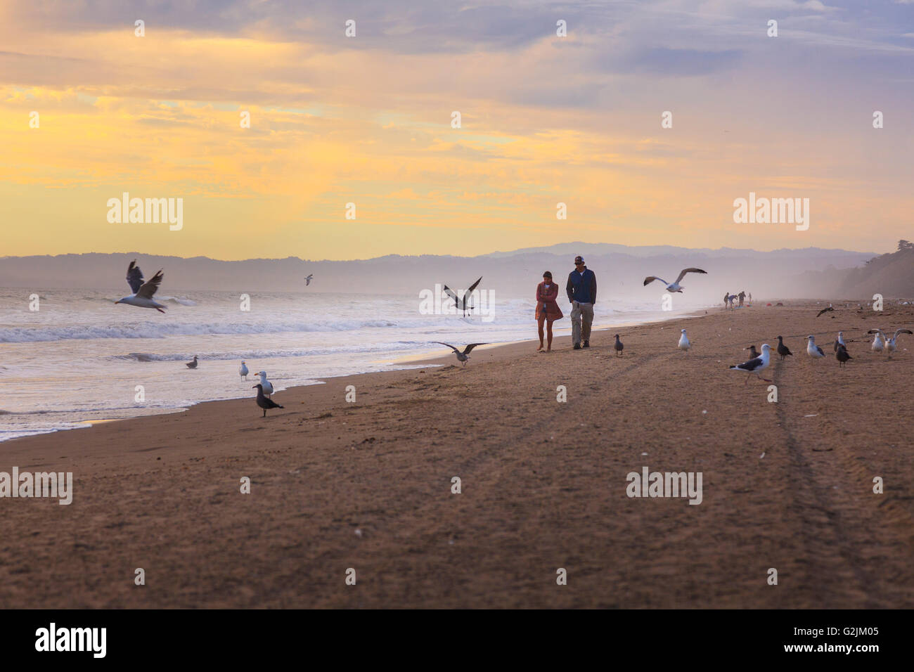 Giovane camminando lungo la spiaggia,Monterey Bay,California , Stati Uniti Foto Stock