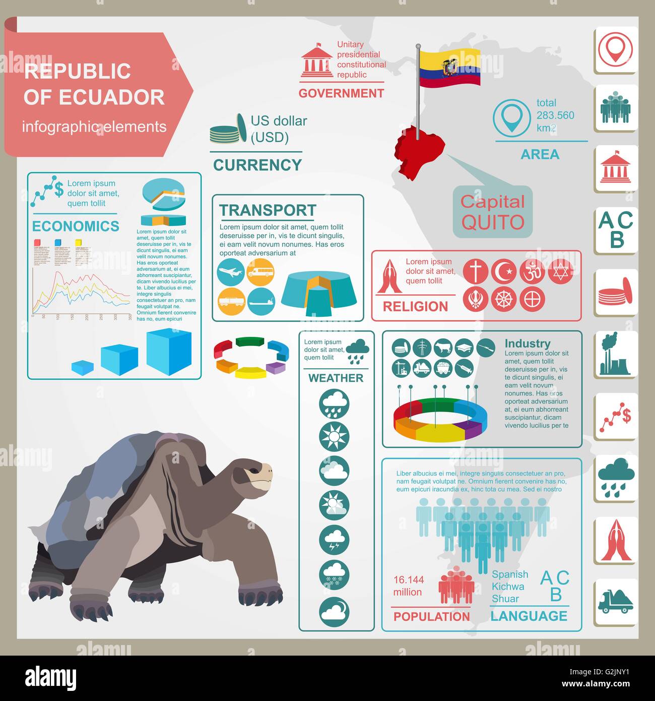 Ecuador infographics, dati statistici attrazioni. Illustrazione Vettoriale Illustrazione Vettoriale