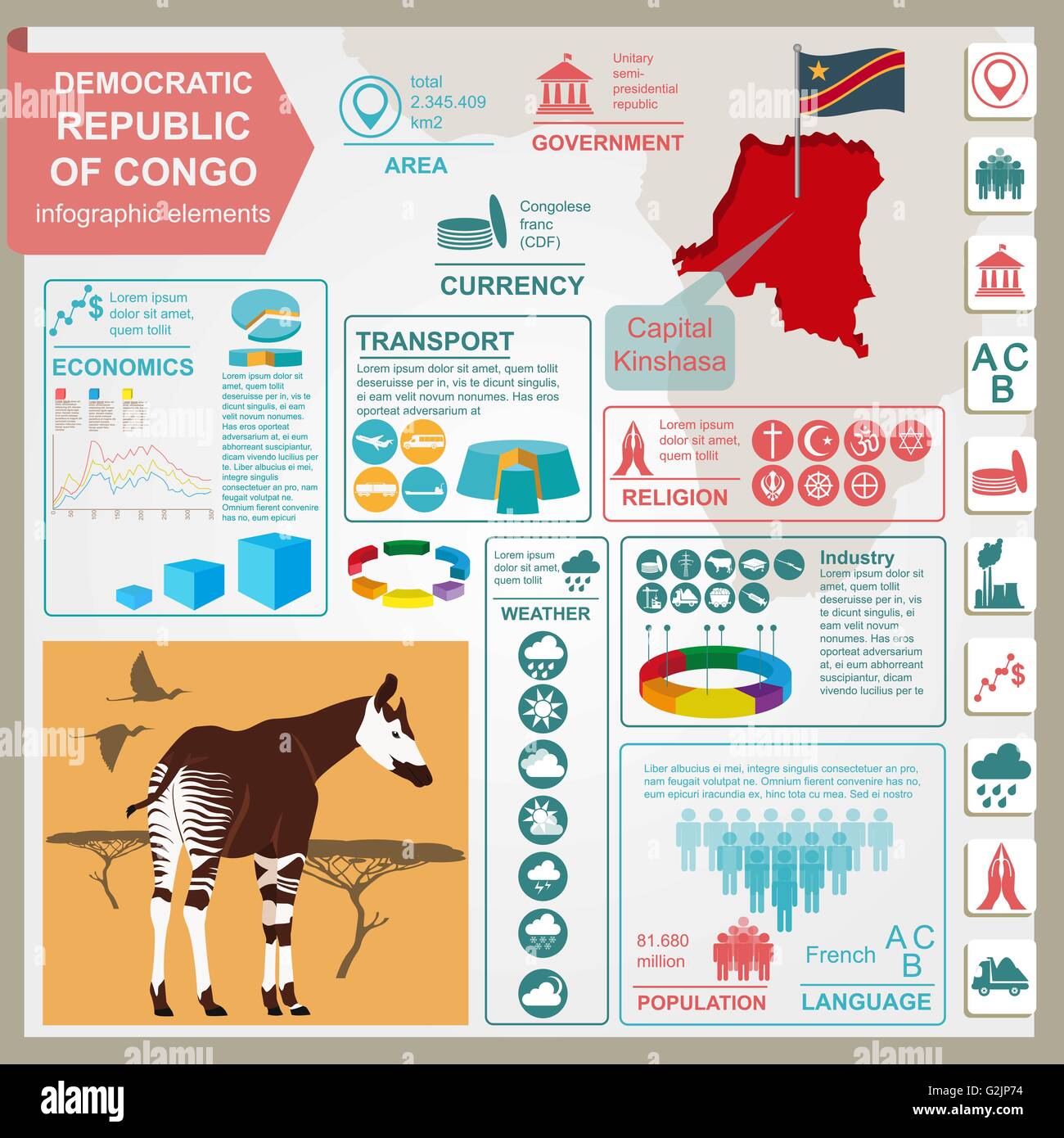 Repubblica democratica del Congo infographics, dati statistici attrazioni. Illustrazione Vettoriale Illustrazione Vettoriale