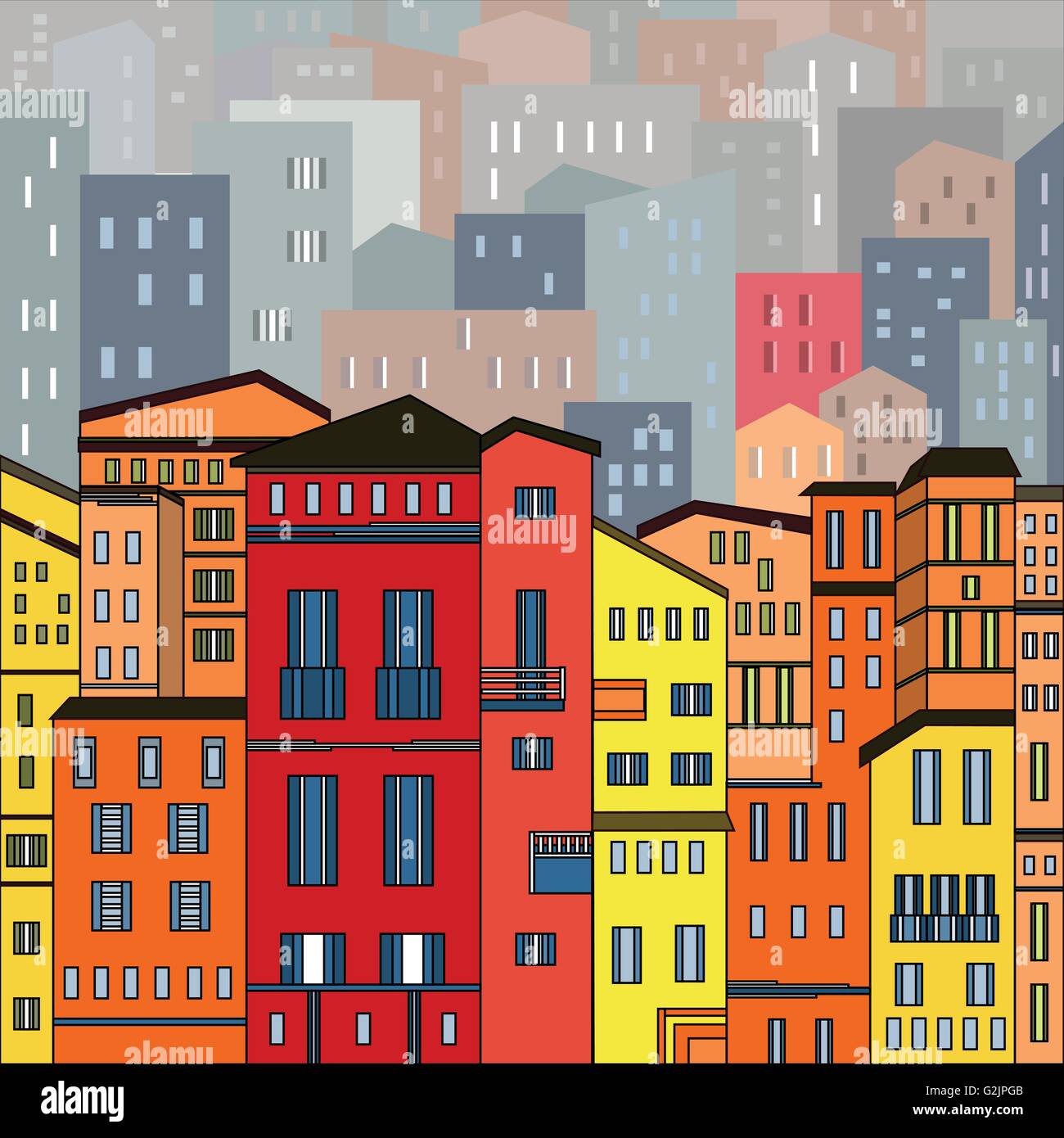 Abstract colorati vista città in contorni con molte case ed edifici come un unico pezzo. In stile cartone animato. Vettore digitale dell'immagine. Illustrazione Vettoriale