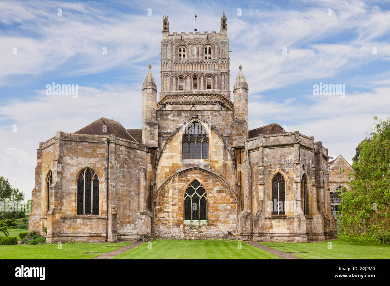 Il lato est della Chiesa Abbaziale di Santa Maria Vergine, Tewkesbury, Gloucestershire, Inghilterra. Foto Stock