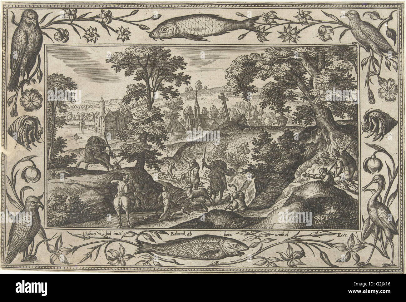 A caccia di cervi, Adriaen Collaert, Eduwart van Hoeswinckel, 1582 - 1586 Foto Stock