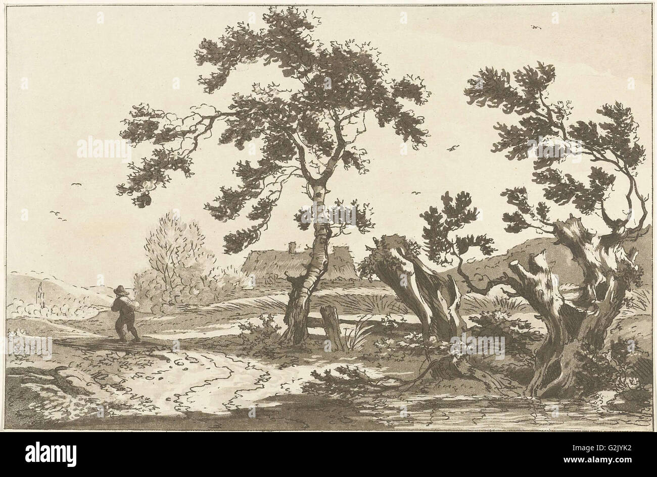 Paesaggio con alberi lungo una strada, sul modo in cui un viaggiatore visto dal retro, stampa maker: Hendrik Meijer, risalente 1789 - 1793 Foto Stock