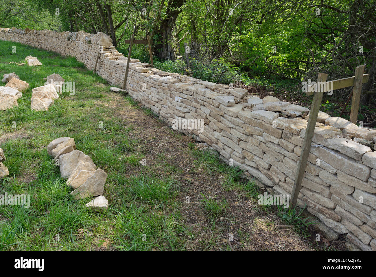 Nuovo Cotswold calcare pietra secca parete sotto la costruzione Foto Stock