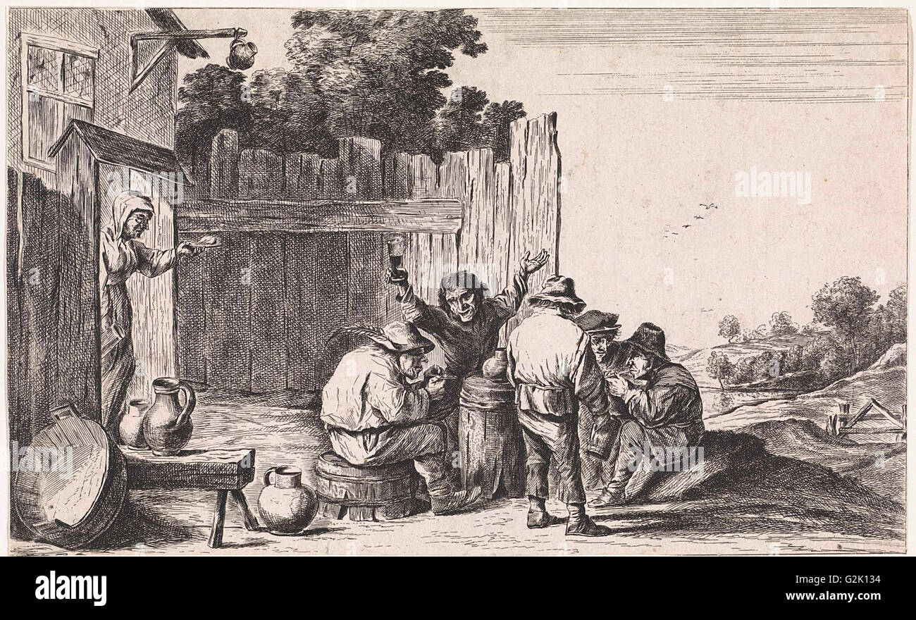Cinque agricoltori intorno a un cilindro, David Teniers II, anonimo, 1626 - 1740 Foto Stock