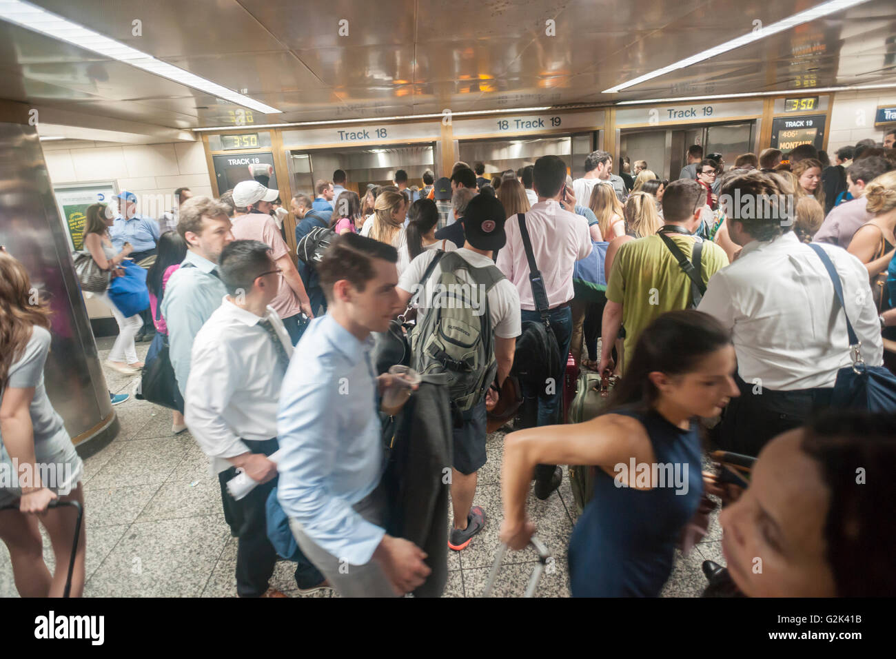 Migliaia di scendere a bordo della palla di cannone alla Stazione Penn di New York di uscire dalla città per il weekend del Memorial Day Venerdì 27 Maggio, 2016. Ogni venerdì durante il periodo estivo il treno, consistente di double-decker cars tirato da un potente dual-mode locomotiva, correrà express per Westhampton sull'Isola Lunga rendendo le 76 miglia di viaggio in 94 minuti. Da Westhampton continuerà a punti a est che arrivano in corrispondenza della punta dell'isola, Montauk. La domenica il treno procederà in retromarcia e tornare alla stazione di Penn. Il treno è il solo nome eseguito su ferrovia. Il viaggio da Penn Station a Montauk ter Foto Stock
