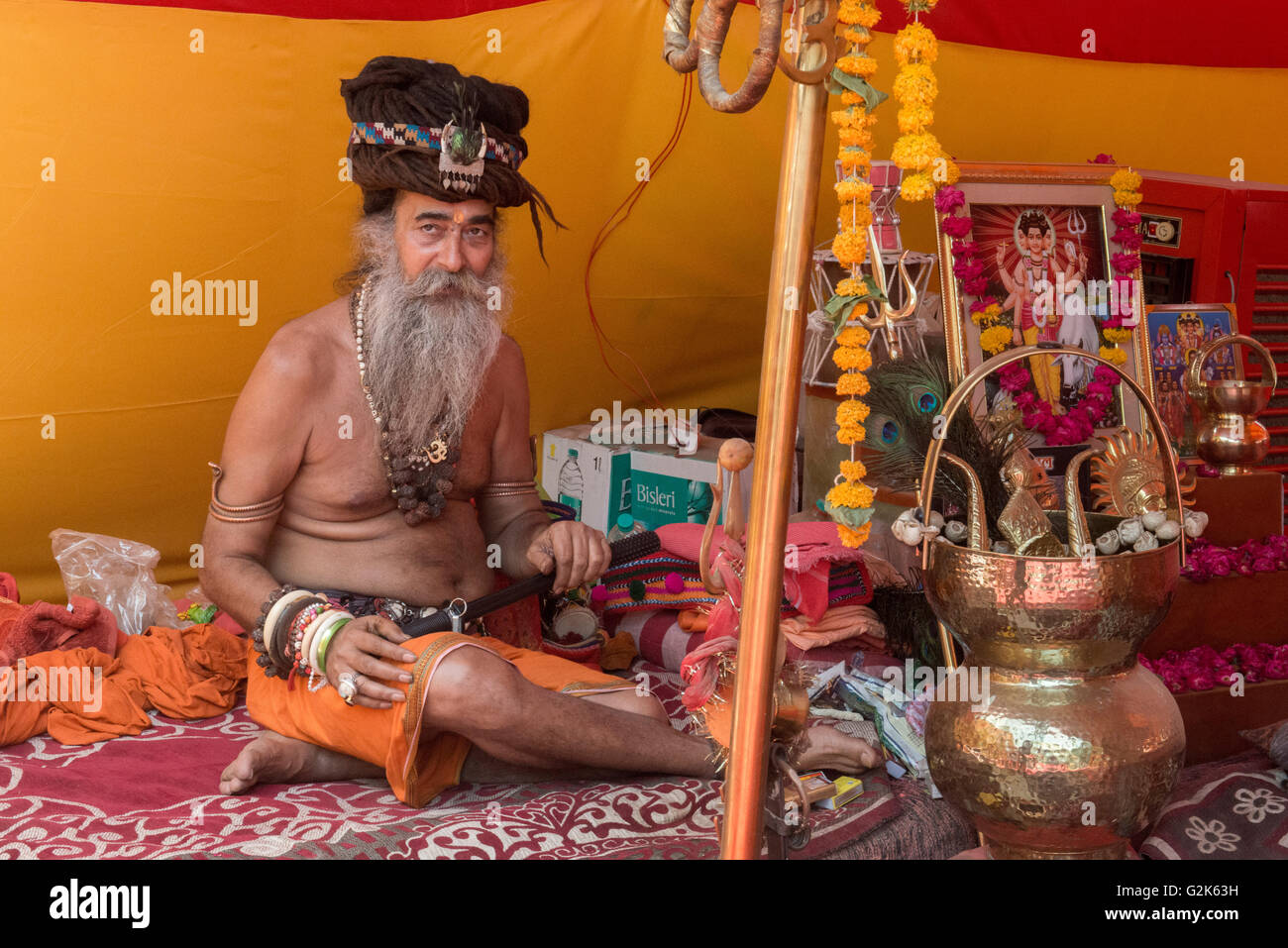 Vecchio Naga Sadhu Akhara interno, Ujjain Kumbh Mela 2016 Foto Stock