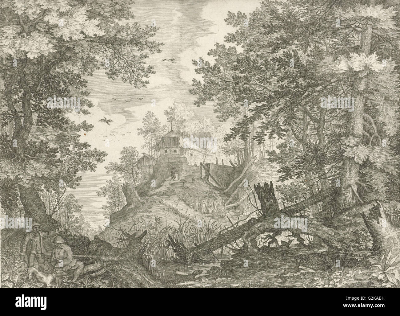 Paesaggio boscoso con due cacciatori e un cane, Egidio Sadeler, Roelant Savary, 1609 Foto Stock