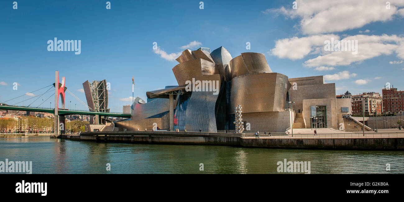 Museo Guggenheim Bilbao sulla banca del fiume Nervion, architetto Frank O. Gehry, Bilbao, Paesi Baschi Foto Stock