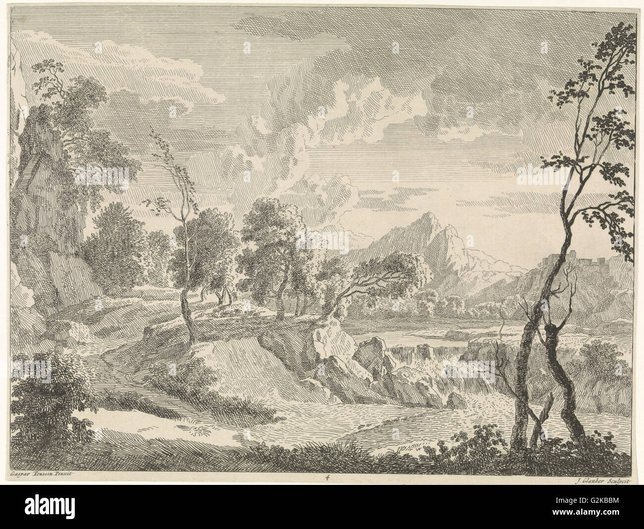 Un paesaggio collinare con una cascata, Johannes Glauber, 1656 - 1726 Foto Stock