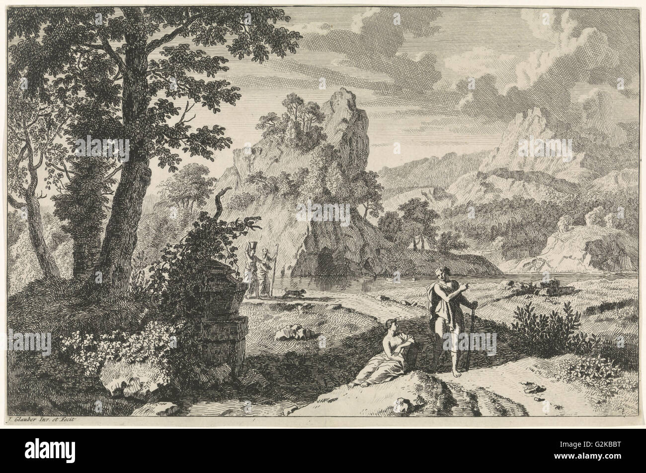 Paesaggio arcadico con rovine, stampa maker: Johannes Glauber, Johannes Glauber, 1656 - 1726 Foto Stock