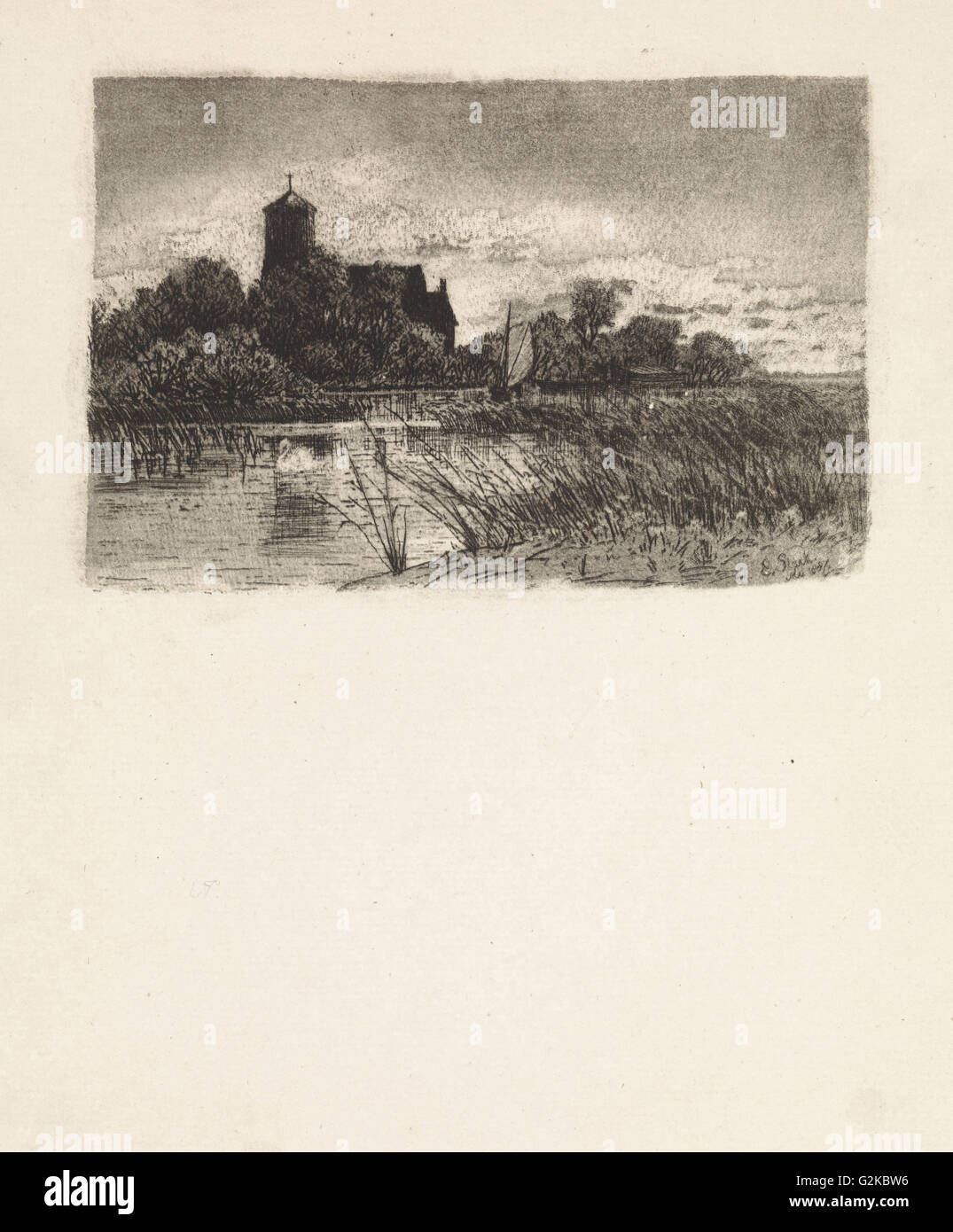 Vista del Sint Urbanuskerk in Bovenkerk con sull'acqua di una barca a vela, Paesi Bassi, stampa maker: Elias Stark, 1887 Foto Stock