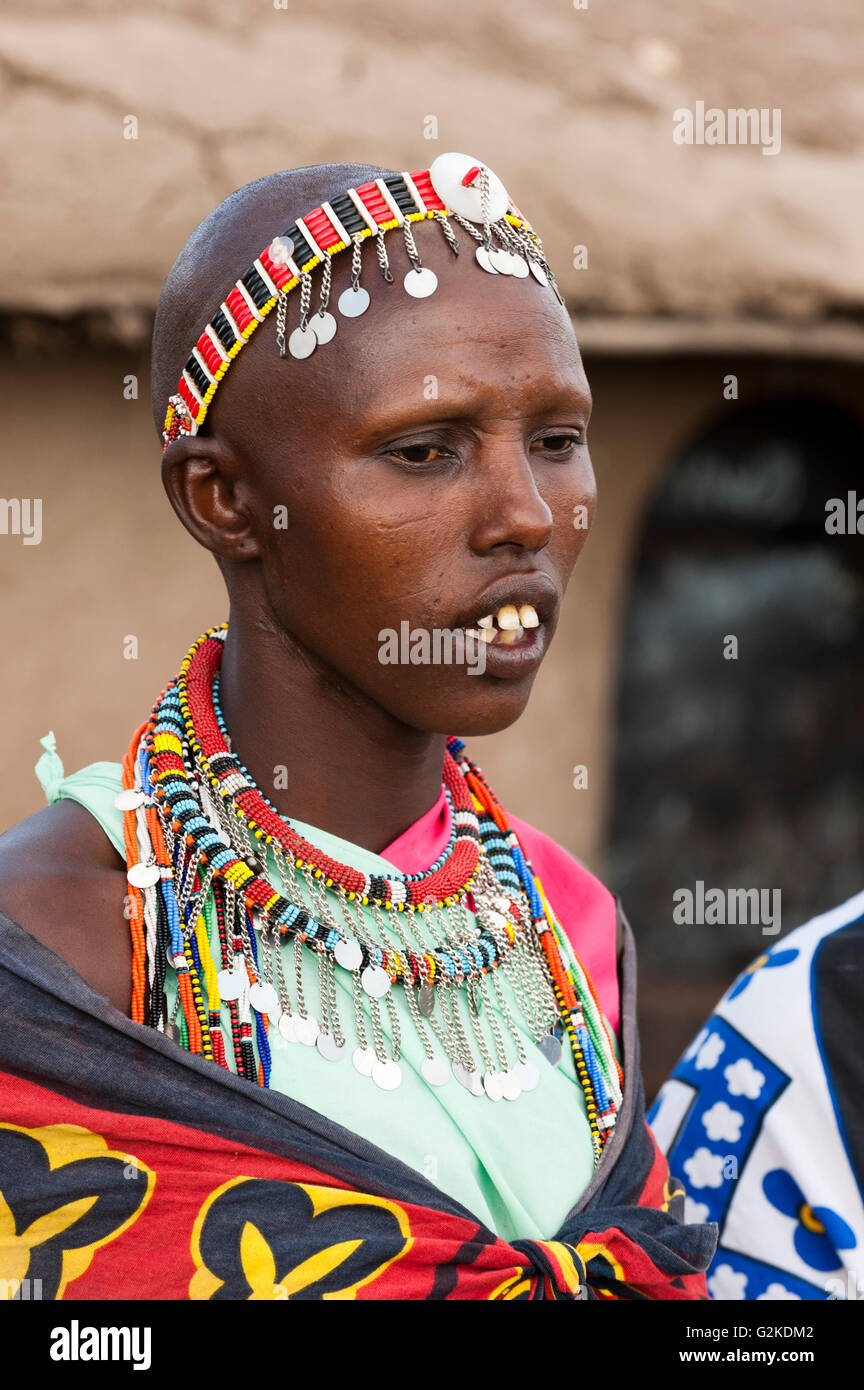 Masai donna, il Masai Mara, Rift Valley Provincia, Kenya Foto Stock