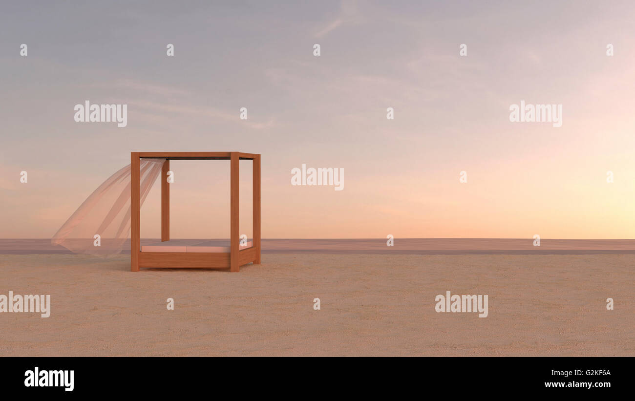 Letto a baldacchino sulla spiaggia tranquilla, rendering 3D Foto Stock