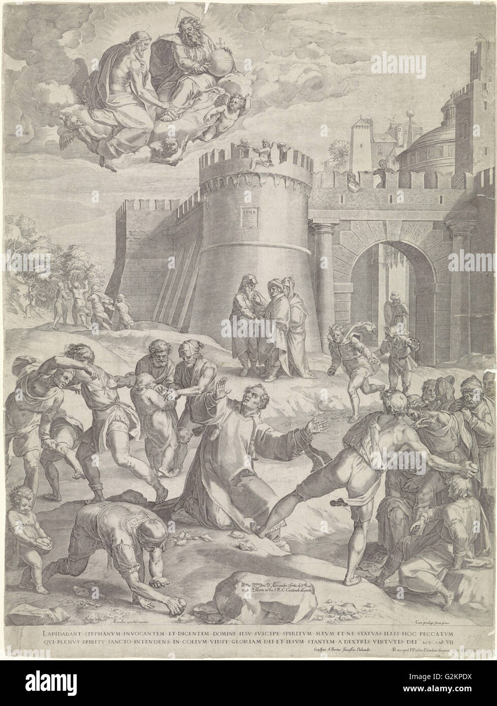 La lapidazione di Santo Stefano, stampa maker: Cornelis Cort, Marcello Venusti, Gaspar Albertus, 1576 Foto Stock