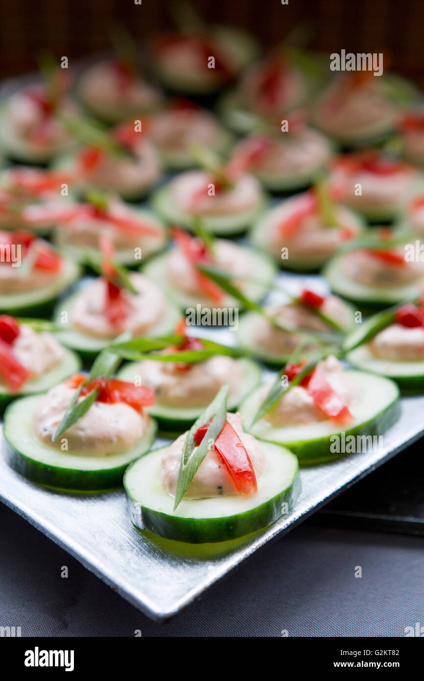 Il cetriolo antipasti con verdure mousse, lo scalogno tagliato a fette e pomodori Foto Stock